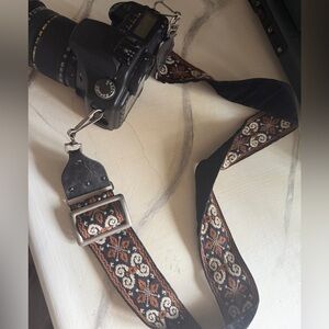 Vintage 1970s embroidered velvet lined Patterned Camera Strap Silver Buckle